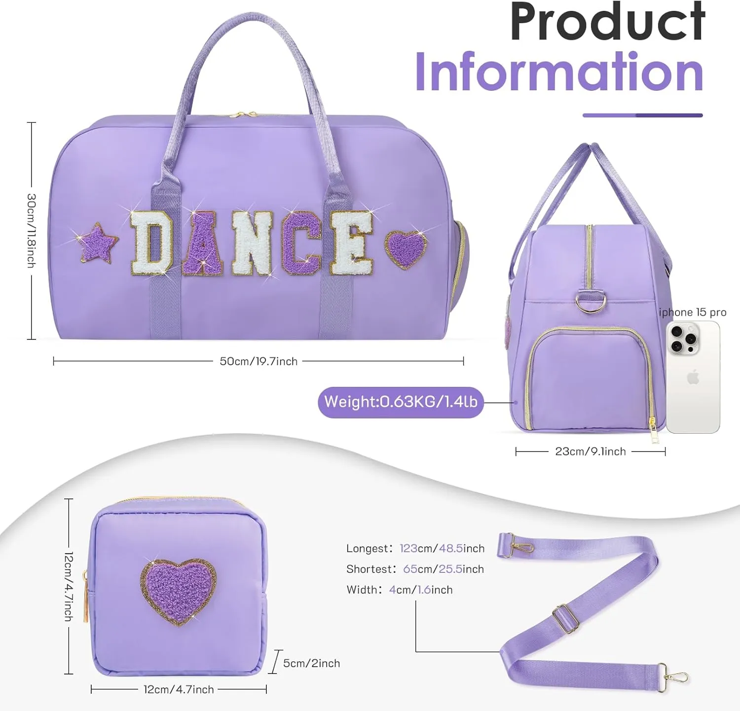 Dance Bag for Girls 2PCS Ballet Cheer Bag with Shoes Compartment Chenille Letter Embroidery for Dancer Travel Overnight bag
