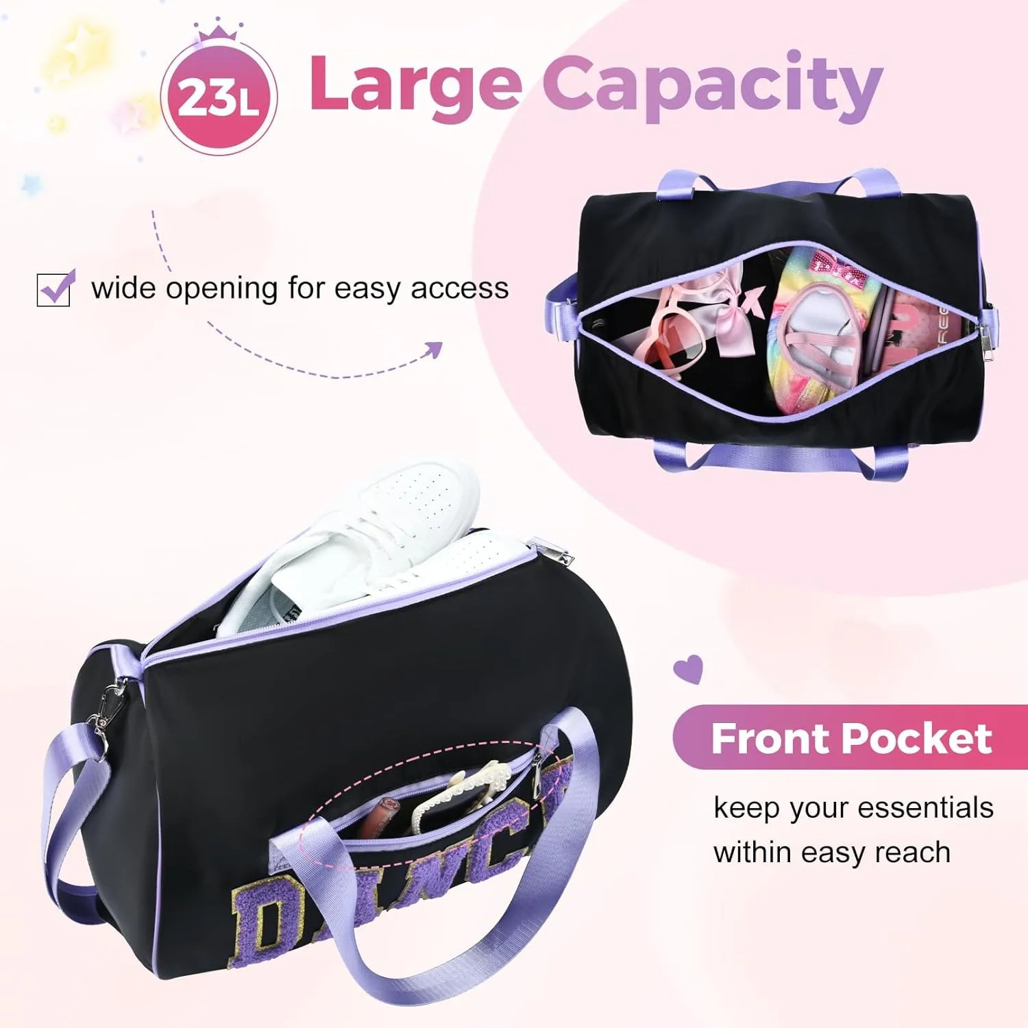 Dance Bag for Girls, KUIRAN 23L Waterproof Travel Duffel Bag with Colorful Chenille Letter, Lightweight Small Gym Sport Ballet Bag Weekender Bag with Large Main Compartment - Black/Purple