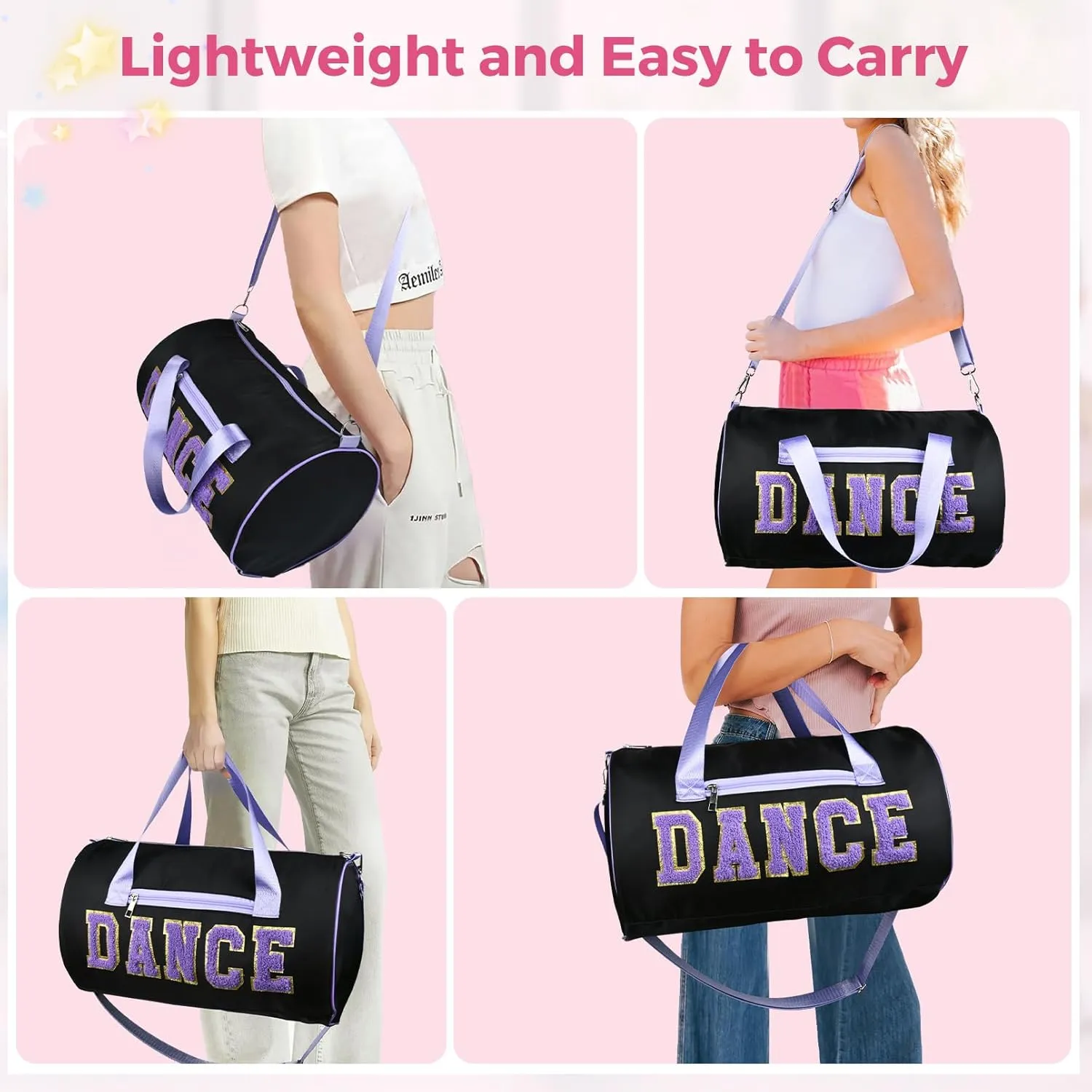 Dance Bag for Girls, KUIRAN 23L Waterproof Travel Duffel Bag with Colorful Chenille Letter, Lightweight Small Gym Sport Ballet Bag Weekender Bag with Large Main Compartment - Black/Purple