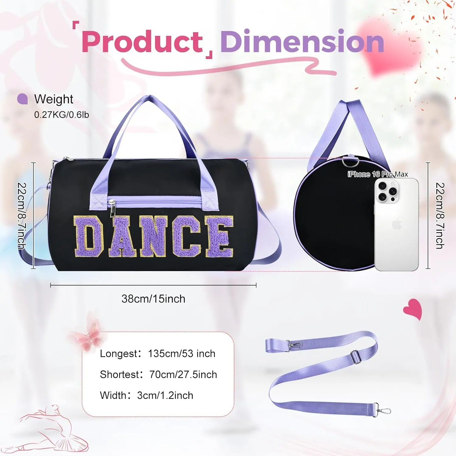 Dance Bag for Girls, KUIRAN 23L Waterproof Travel Duffel Bag with Colorful Chenille Letter, Lightweight Small Gym Sport Ballet Bag Weekender Bag with Large Main Compartment - Black/Purple