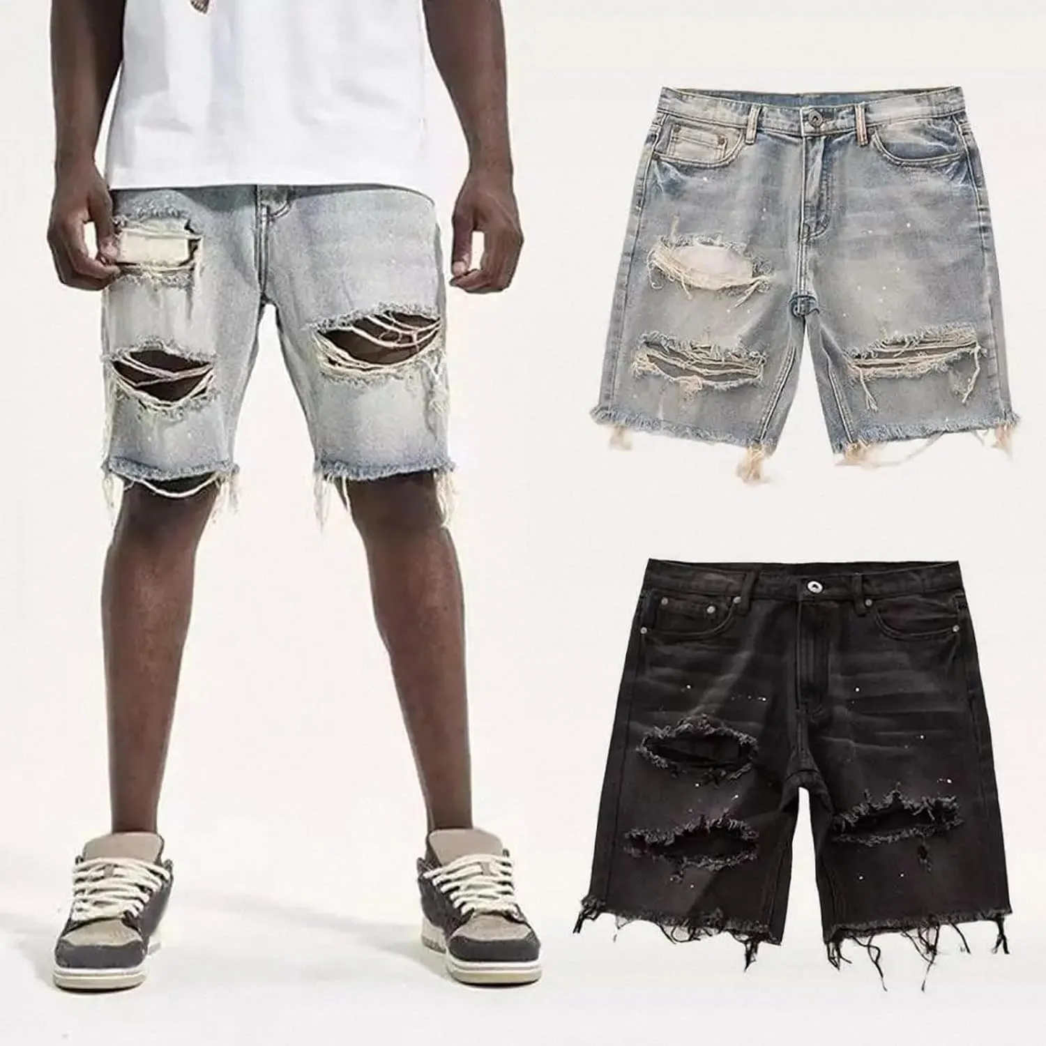 Dawery Men Distressed Denim Shorts Button Fly Multi Pockets Slim Fit Ripped Holes Knee Length Hip Hop Baggy Cargo Short Pants