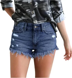 Denim Shorts for Women Mid Rise Frayed Ripped Jean Shorts Stretchy Folded Hem Hot Short Jeans Summer Dressy Casual