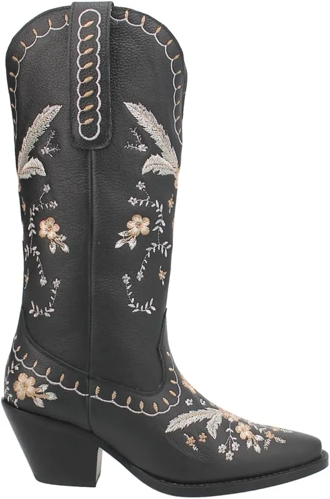 Dingo Womens Full Bloom Floral Round Toe Casual Boots Knee High Mid Heel 2-3" - Black