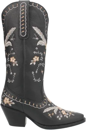 Dingo Womens Full Bloom Floral Round Toe Casual Boots Knee High Mid Heel 2-3" - Black