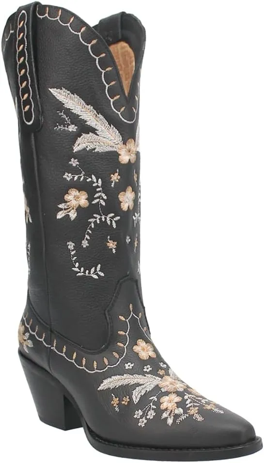 Dingo Womens Full Bloom Floral Round Toe Casual Boots Knee High Mid Heel 2-3" - Black