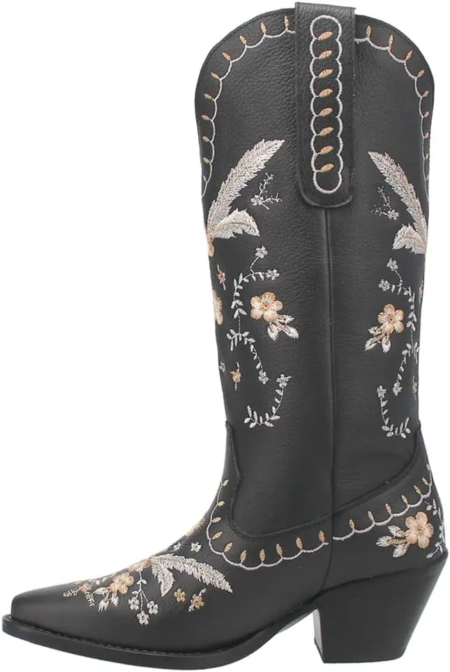 Dingo Womens Full Bloom Floral Round Toe Casual Boots Knee High Mid Heel 2-3" - Black