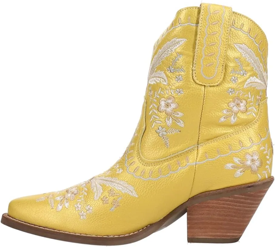 Dingo Womens Primrose Metallic Embroidered Floral Snip Toe Casual Boots Ankle Mid Heel 2-3" - Blue