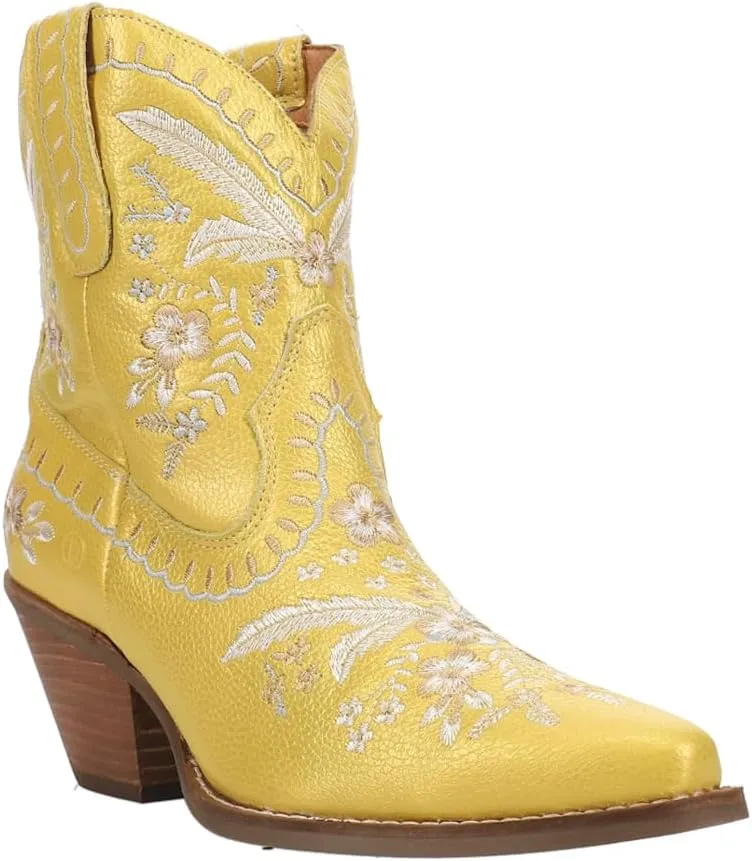 Dingo Womens Primrose Metallic Embroidered Floral Snip Toe Casual Boots Ankle Mid Heel 2-3" - Blue