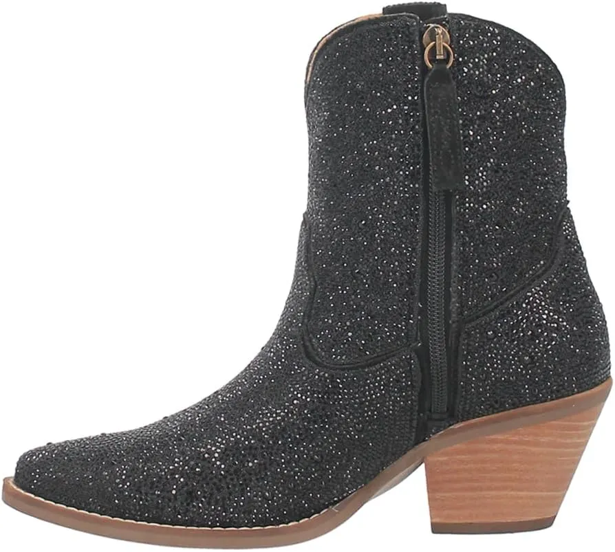 Dingo Womens Rhinestone Cowgirl Round Toe Zippered Casual Boots Ankle Mid Heel 2-3" - Black