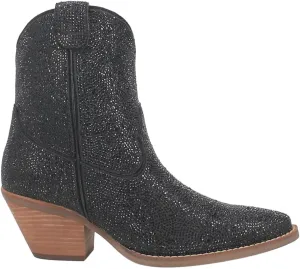 Dingo Womens Rhinestone Cowgirl Round Toe Zippered Casual Boots Ankle Mid Heel 2-3" - Black