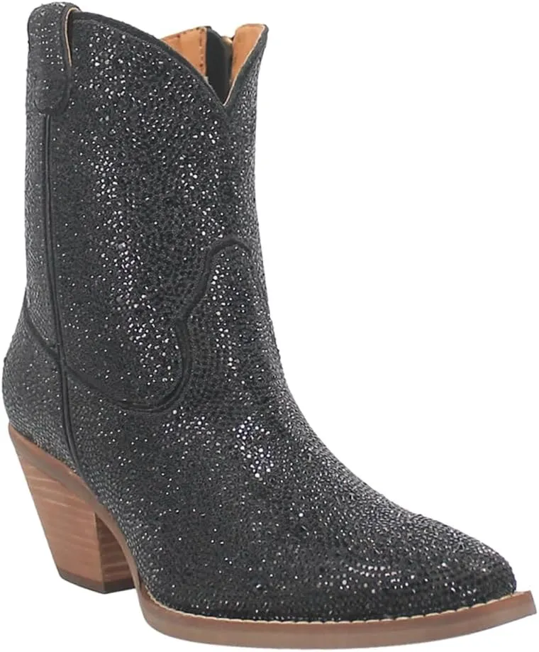 Dingo Womens Rhinestone Cowgirl Round Toe Zippered Casual Boots Ankle Mid Heel 2-3" - Black