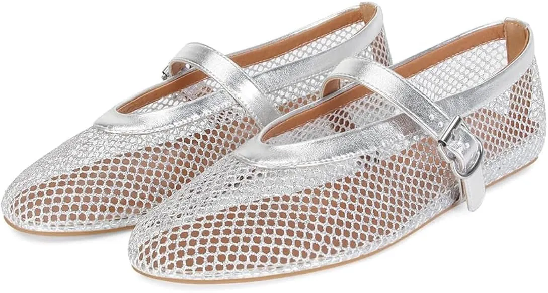 Divanne Ballet Flats for Women, Leopard Ballerina Shoes Crystal-Embellished Mary Jane Flats Mesh Flat Shoes