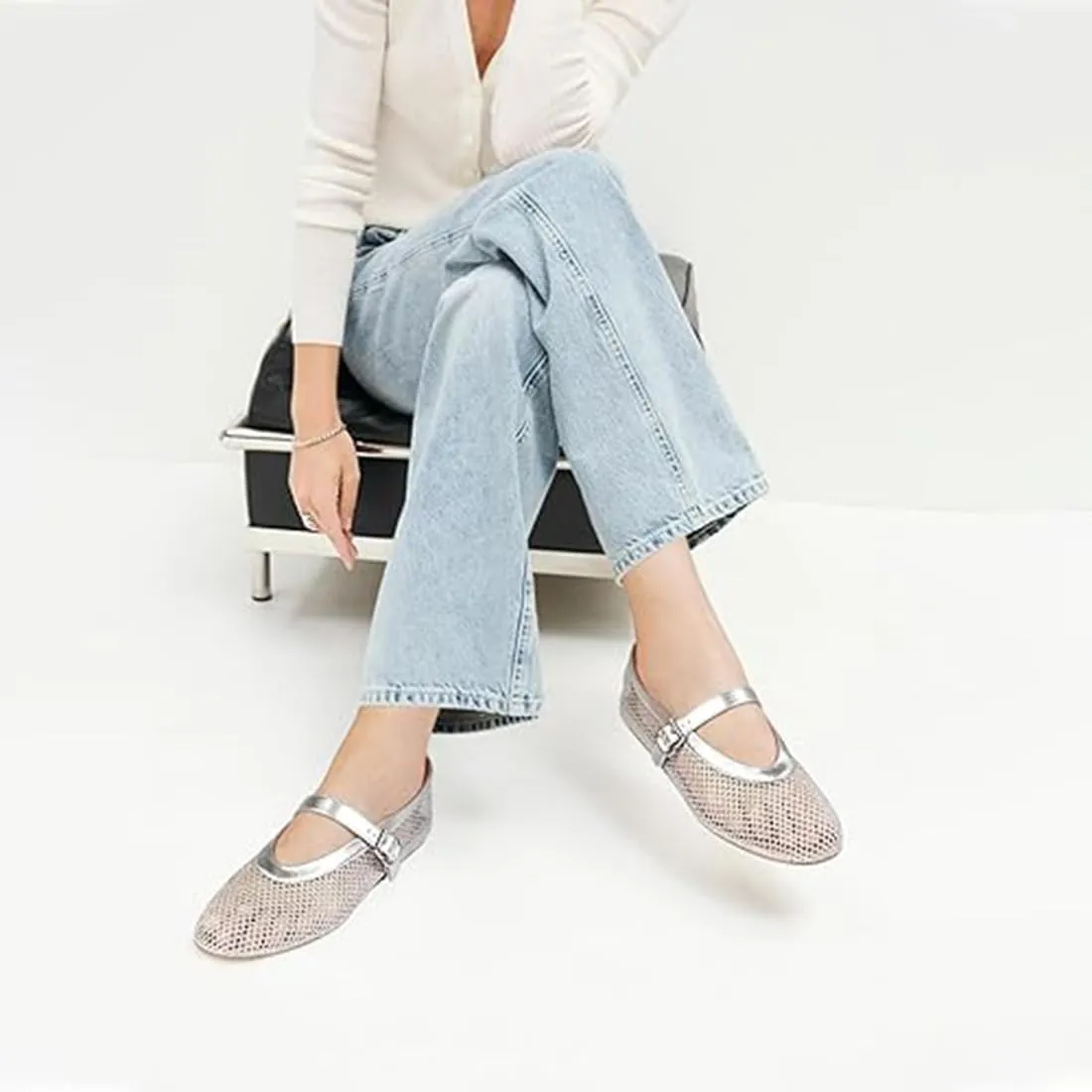 Divanne Ballet Flats for Women, Leopard Ballerina Shoes Crystal-Embellished Mary Jane Flats Mesh Flat Shoes