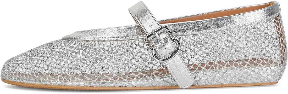 Divanne Ballet Flats for Women, Leopard Ballerina Shoes Crystal-Embellished Mary Jane Flats Mesh Flat Shoes