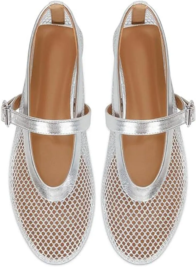 Divanne Ballet Flats for Women, Leopard Ballerina Shoes Crystal-Embellished Mary Jane Flats Mesh Flat Shoes