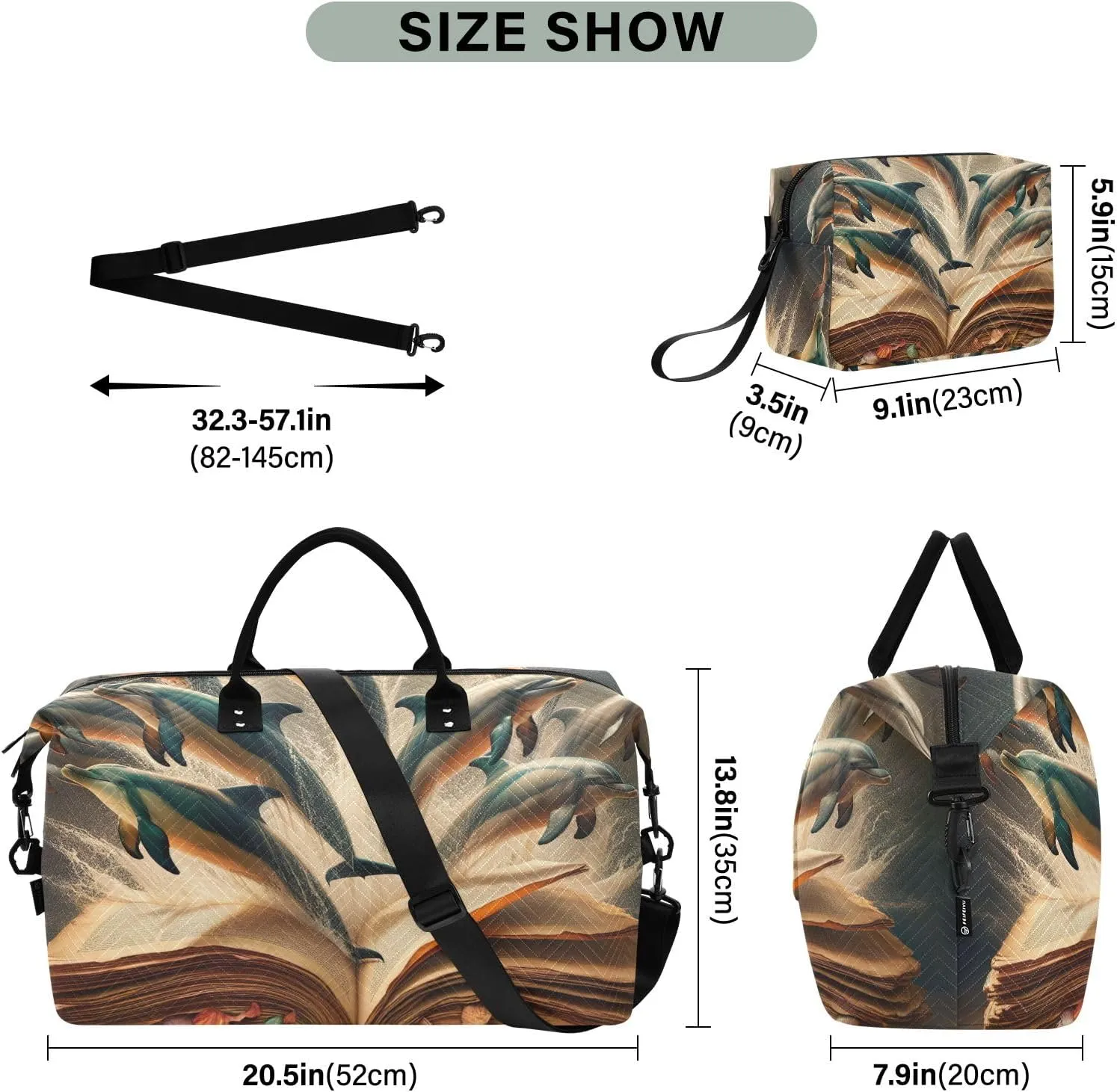 Dolphins Jumping from Old Book Duffle Carry on Bag Travel Duffle Bags for Women Sports Duffel Bag Overnight Duffle Bags for Women