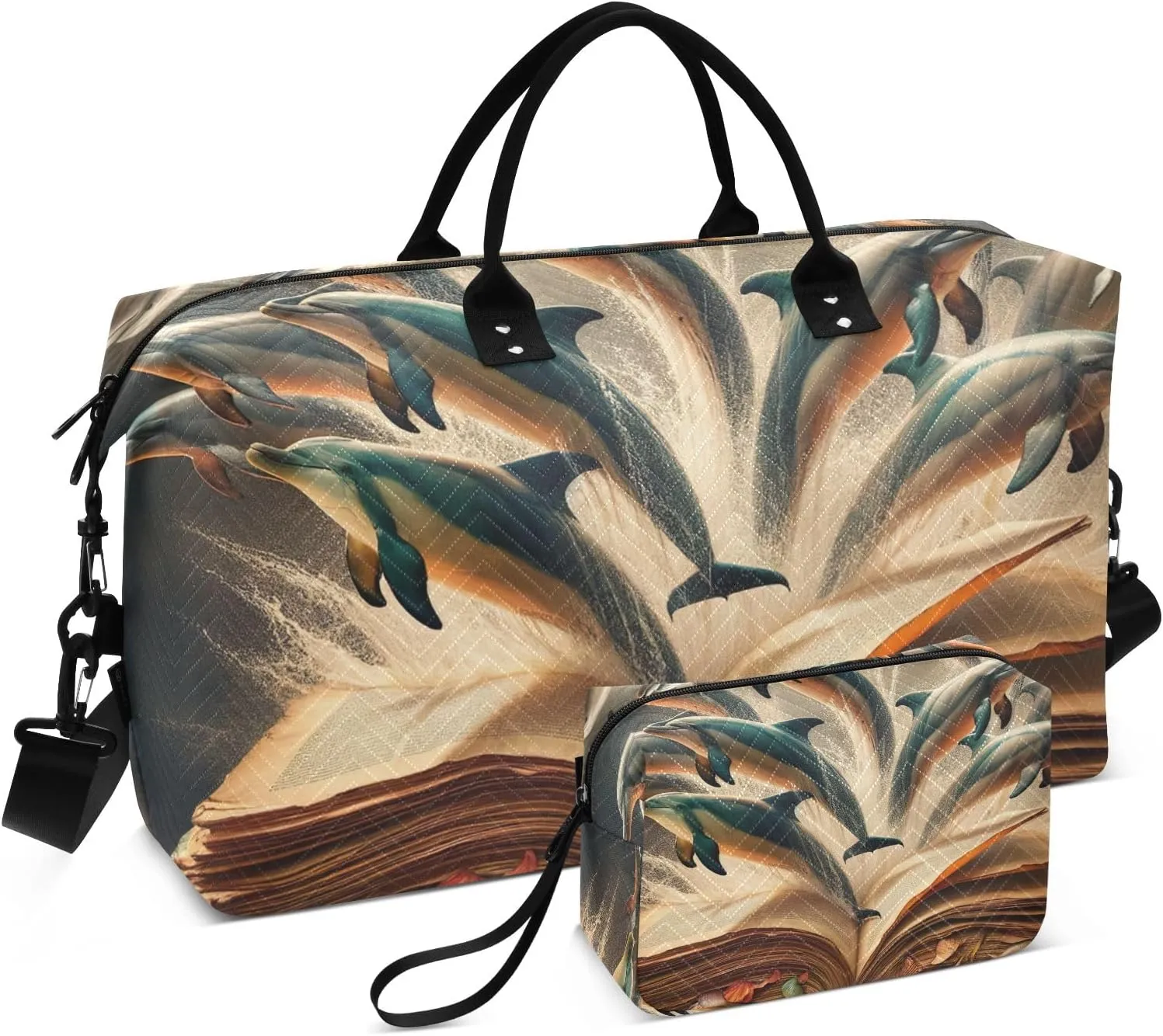 Dolphins Jumping from Old Book Duffle Carry on Bag Travel Duffle Bags for Women Sports Duffel Bag Overnight Duffle Bags for Women
