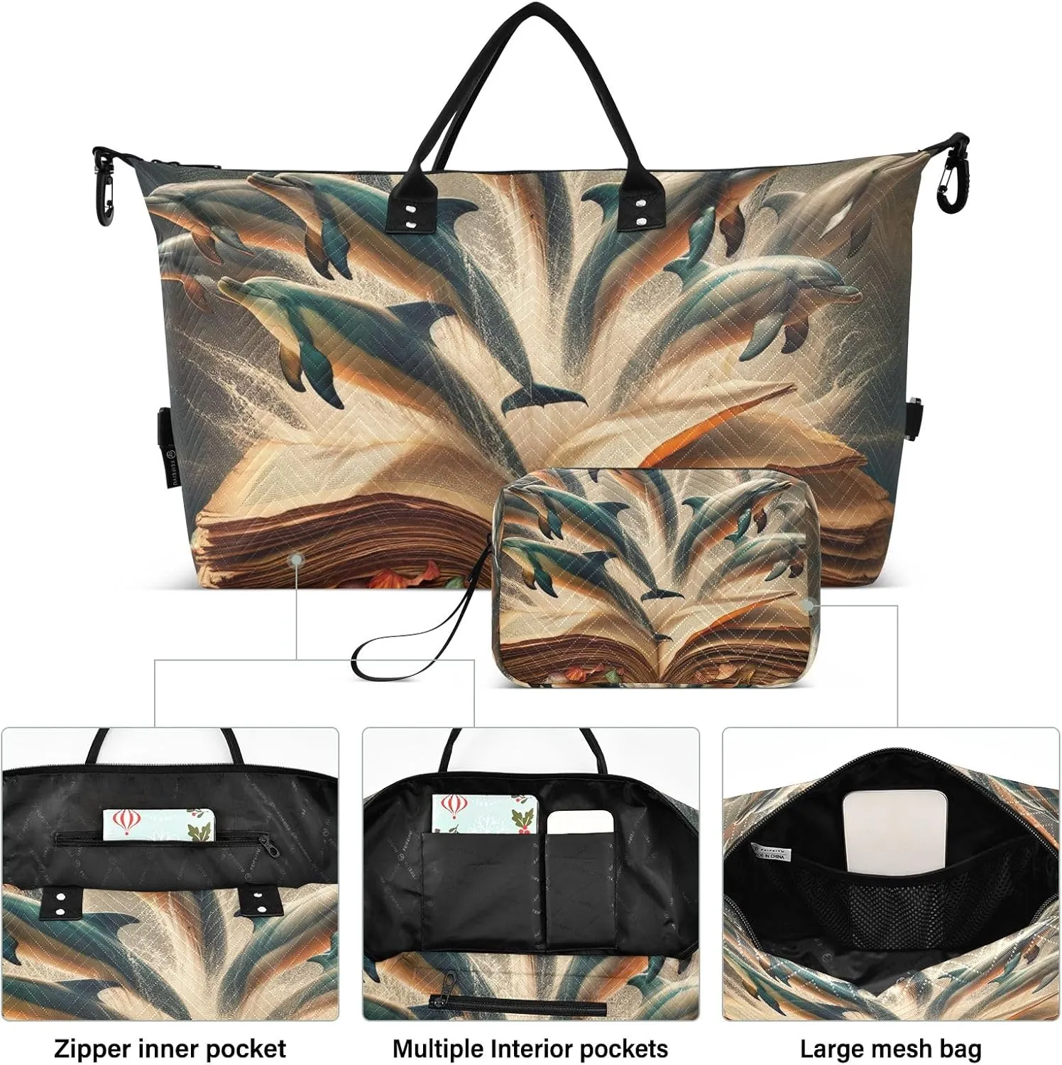 Dolphins Jumping from Old Book Duffle Carry on Bag Travel Duffle Bags for Women Sports Duffel Bag Overnight Duffle Bags for Women