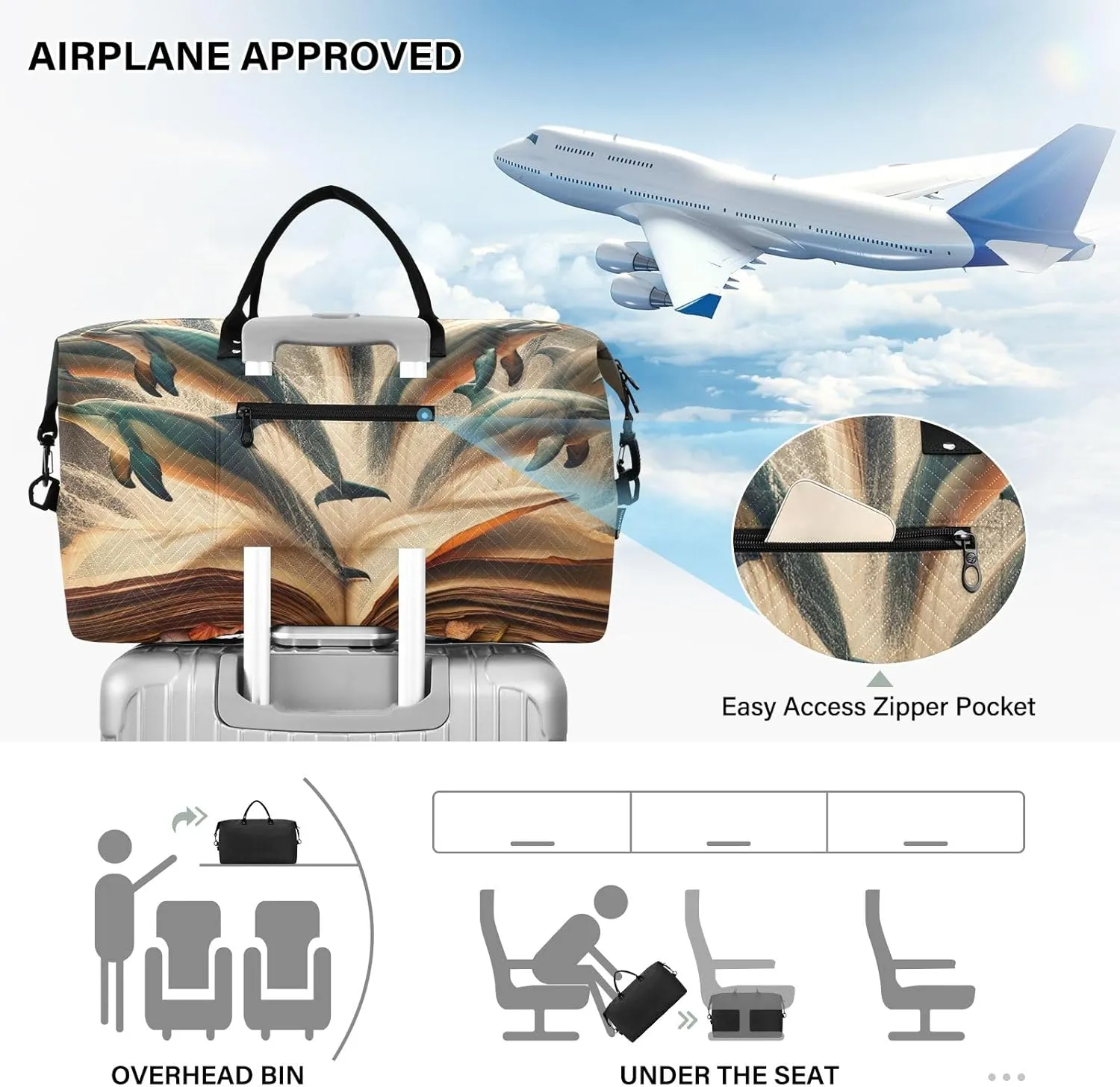 Dolphins Jumping from Old Book Duffle Carry on Bag Travel Duffle Bags for Women Sports Duffel Bag Overnight Duffle Bags for Women