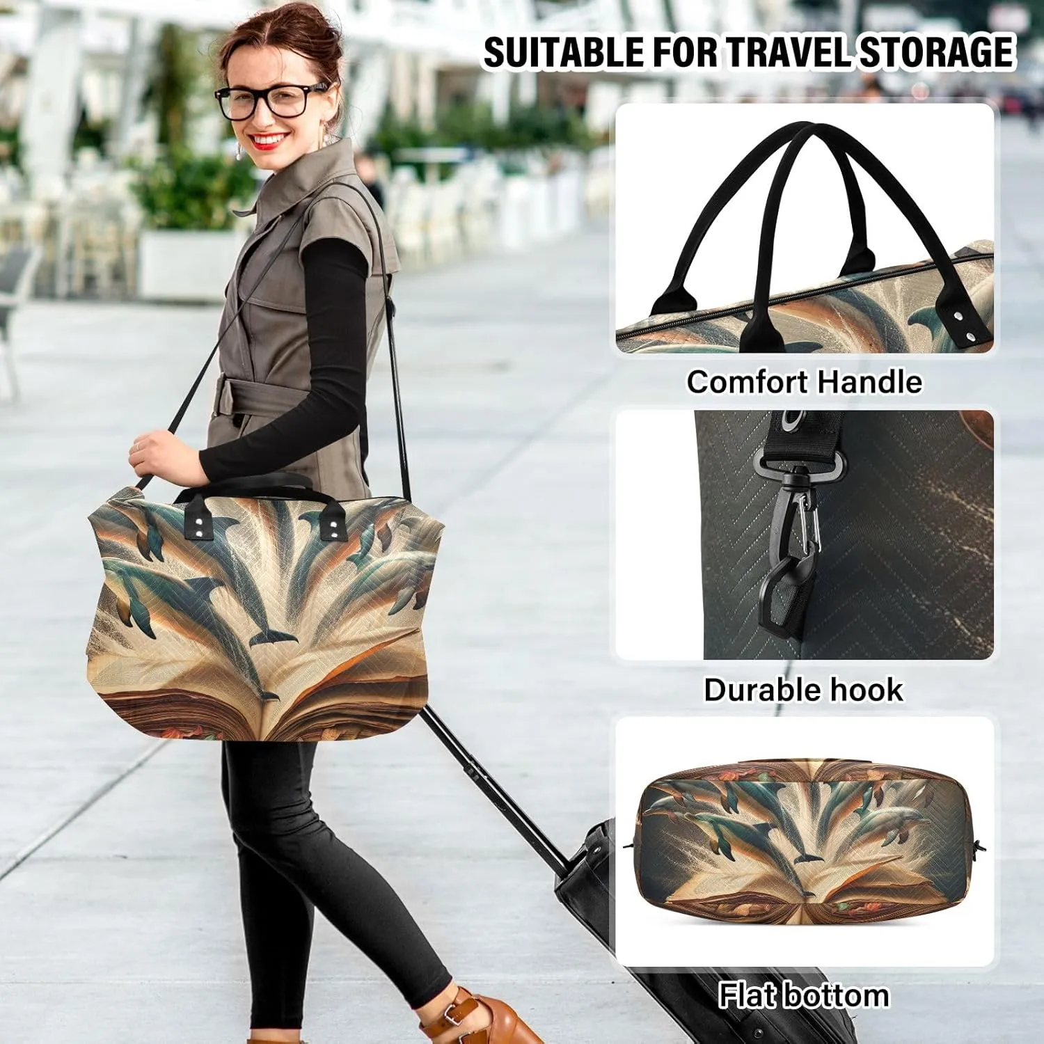 Dolphins Jumping from Old Book Duffle Carry on Bag Travel Duffle Bags for Women Sports Duffel Bag Overnight Duffle Bags for Women