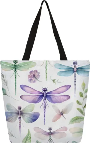 Dragonflies Watercolour Large Capacity Canvas Tote Bag Stylish Handheld Shoulder Bag Reusable Shopping Bag for Work Travel Beach Trips Shopping