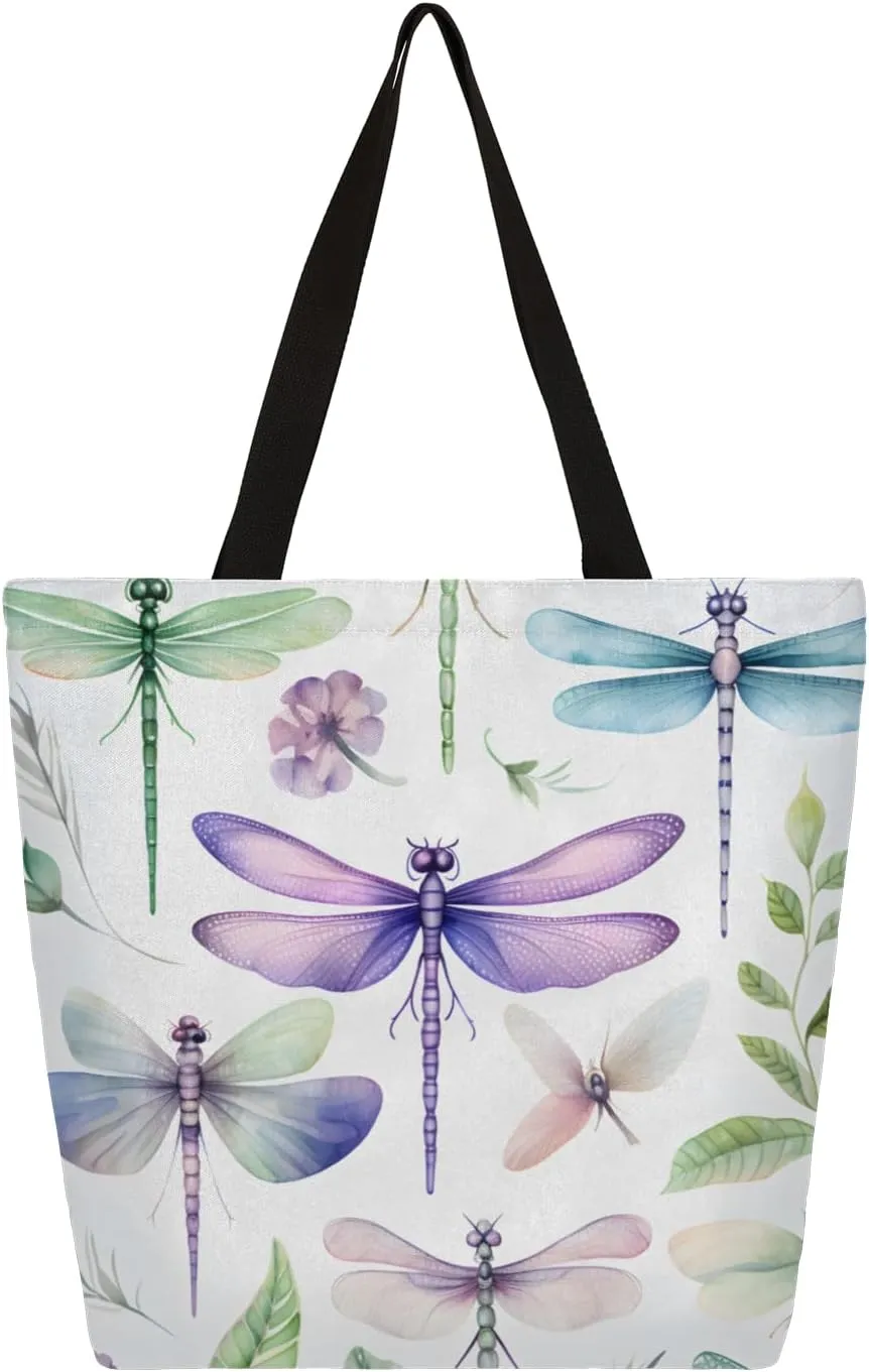 Dragonflies Watercolour Large Capacity Canvas Tote Bag Stylish Handheld Shoulder Bag Reusable Shopping Bag for Work Travel Beach Trips Shopping