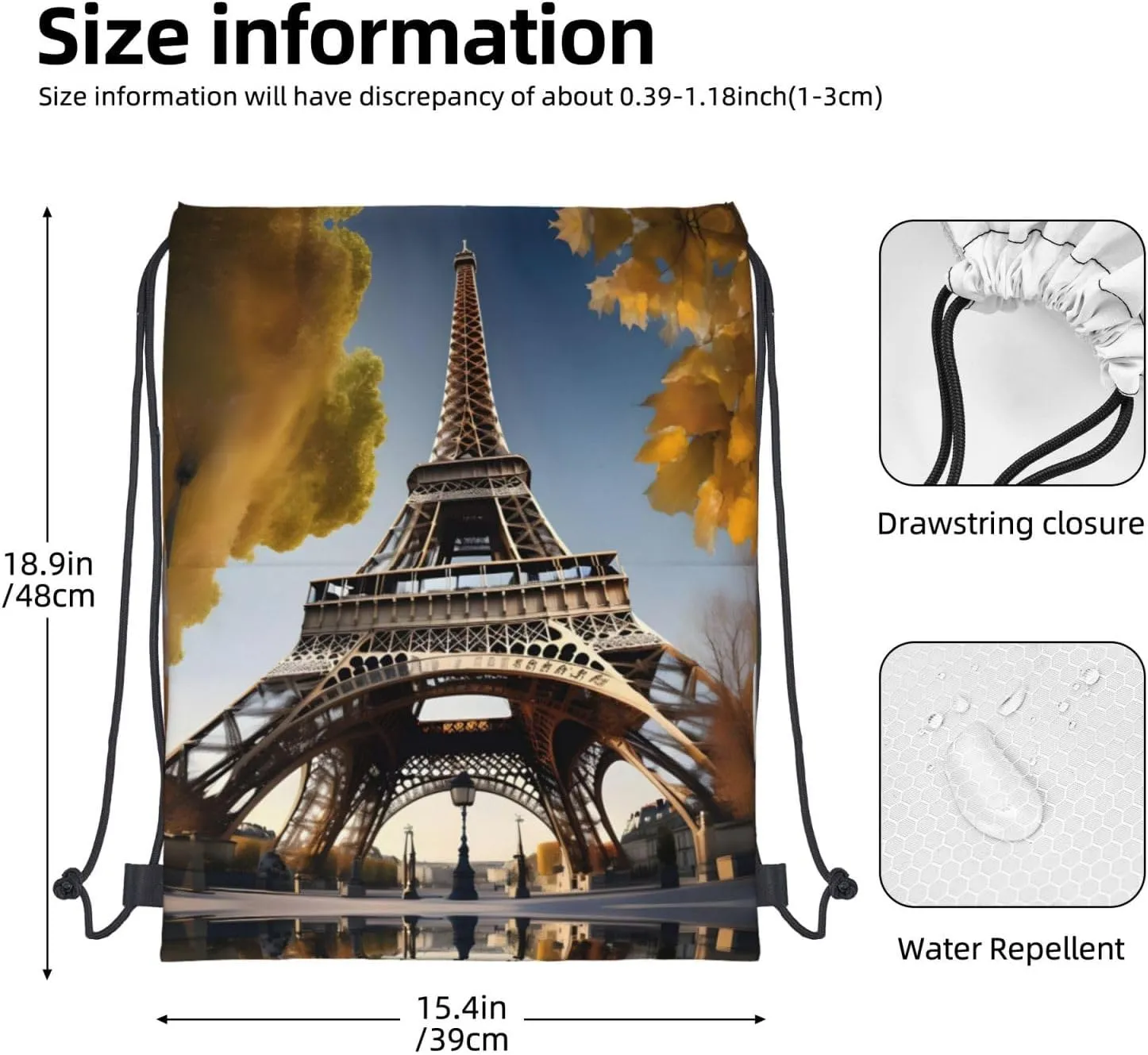 Drawstring Backpack for women,Versatile drawstring bag,Water-Resistant Cinch Bag,Gym sackpack-Cityscape Paris Eiffel Tower France