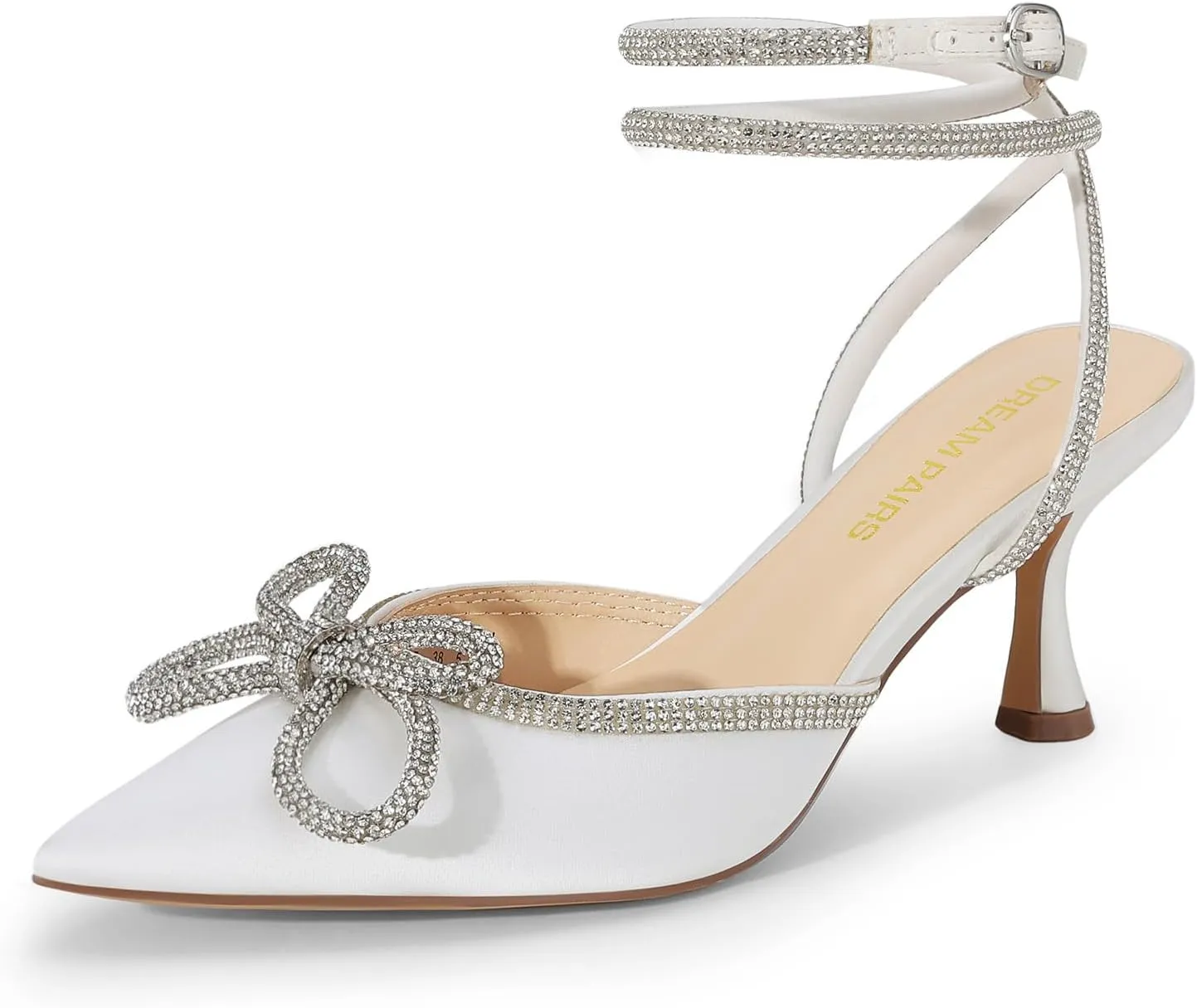 DREAM PAIRS Kitten Heels Rhinestone Bow Ankle Strap Stiletto Pointed Closed Toe Heels for Women Pumps Wedding Bridal Party Dress Shoes