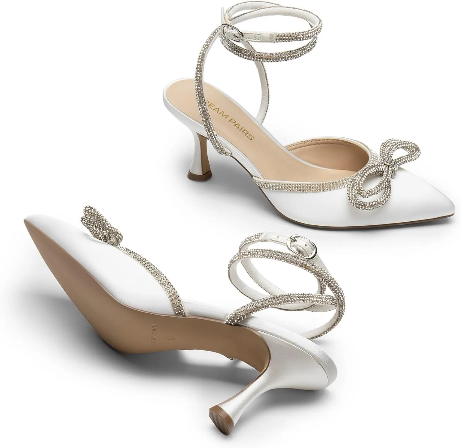 DREAM PAIRS Kitten Heels Rhinestone Bow Ankle Strap Stiletto Pointed Closed Toe Heels for Women Pumps Wedding Bridal Party Dress Shoes