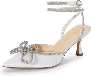 DREAM PAIRS Kitten Heels Rhinestone Bow Ankle Strap Stiletto Pointed Closed Toe Heels for Women Pumps Wedding Bridal Party Dress Shoes