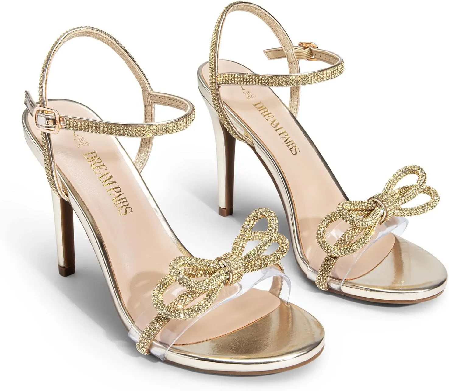 DREAM PAIRS Women's Heels Round Toe Rhinestone Double Bowknots Sparkly Stilettos Heeled Sandals Shoes for Party Evening