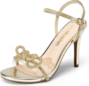 DREAM PAIRS Women's Heels Round Toe Rhinestone Double Bowknots Sparkly Stilettos Heeled Sandals Shoes for Party Evening