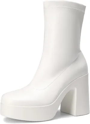 DREAM PAIRS Women's Platform Gogo Ankle Boots High Chunky Block Heel Square Toe Booties Shoes