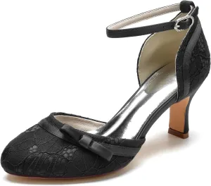 Dress First Wedding Shoes Lace Satin Bow Heels for Women High Heel Closed Toe Wedding Heels Bridesmaid Shoes Ankle Strap Heels Elegant with Buckle, 2.56 inch