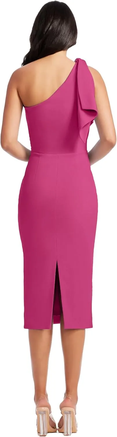 Dress the Population Women's Tiffany One Shoulder Bow Detail Midi Sheath Dress