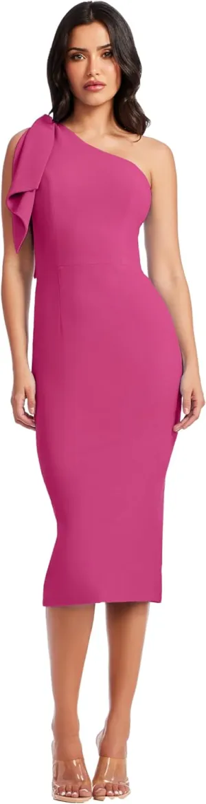 Dress the Population Women's Tiffany One Shoulder Bow Detail Midi Sheath Dress