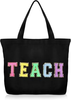 Dripykiaa Teacher Appreciation Gifts Teacher Gifts Tote Bag Canvas Chenille Letter Patches with Zipper Pocket