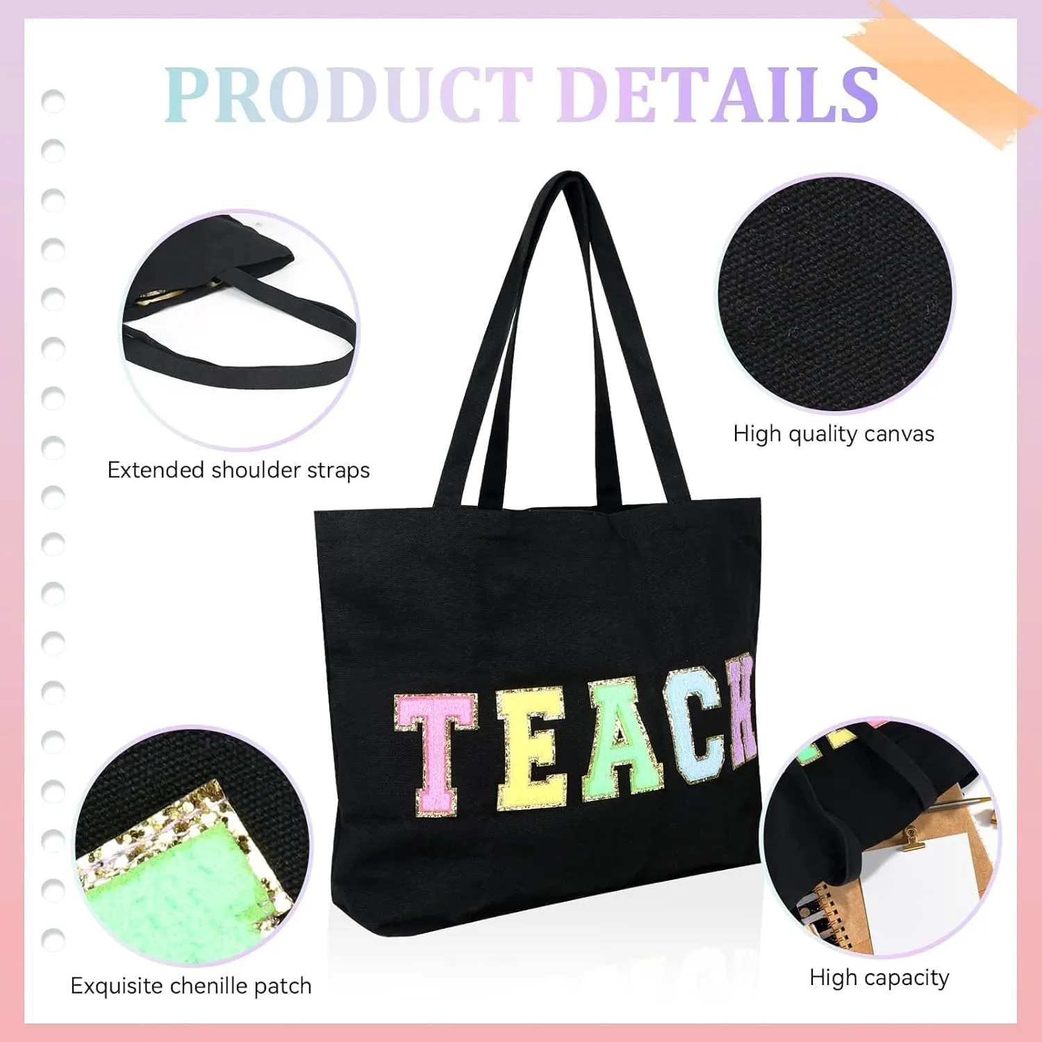 Dripykiaa Teacher Appreciation Gifts Teacher Gifts Tote Bag Canvas Chenille Letter Patches with Zipper Pocket