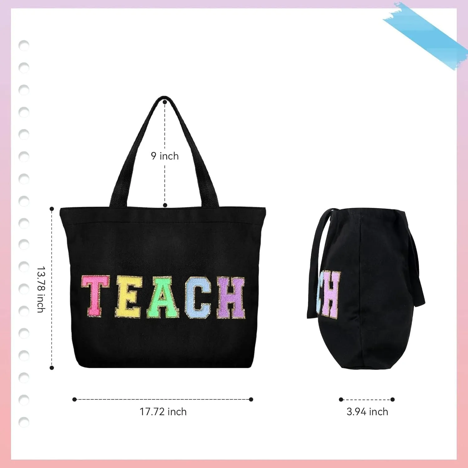 Dripykiaa Teacher Appreciation Gifts Teacher Gifts Tote Bag Canvas Chenille Letter Patches with Zipper Pocket