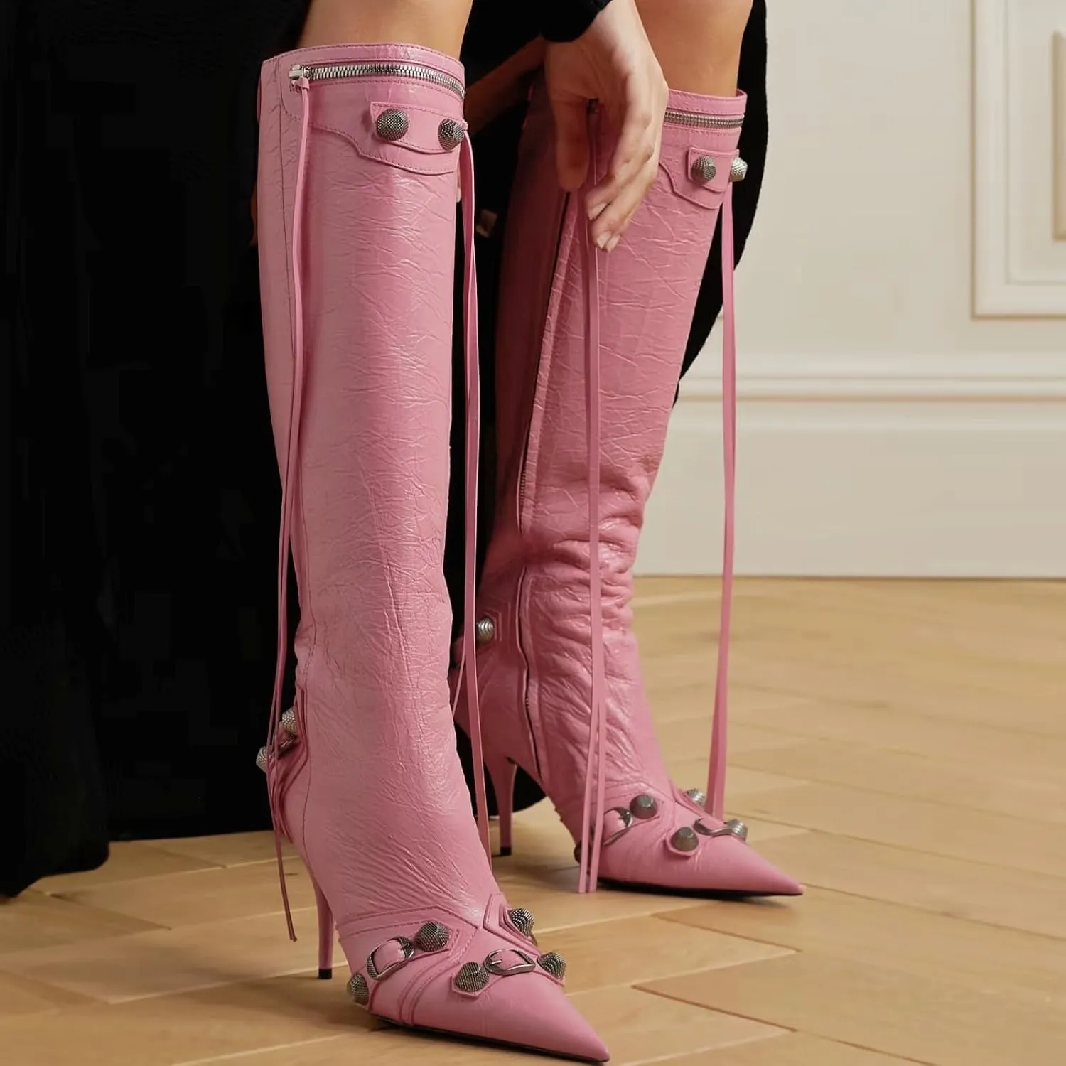 Dsevht Women's Stiletto Black Knee High Boots Sexy Pointed Toe Boot Fashion Trendy High Heel Boots Zipper