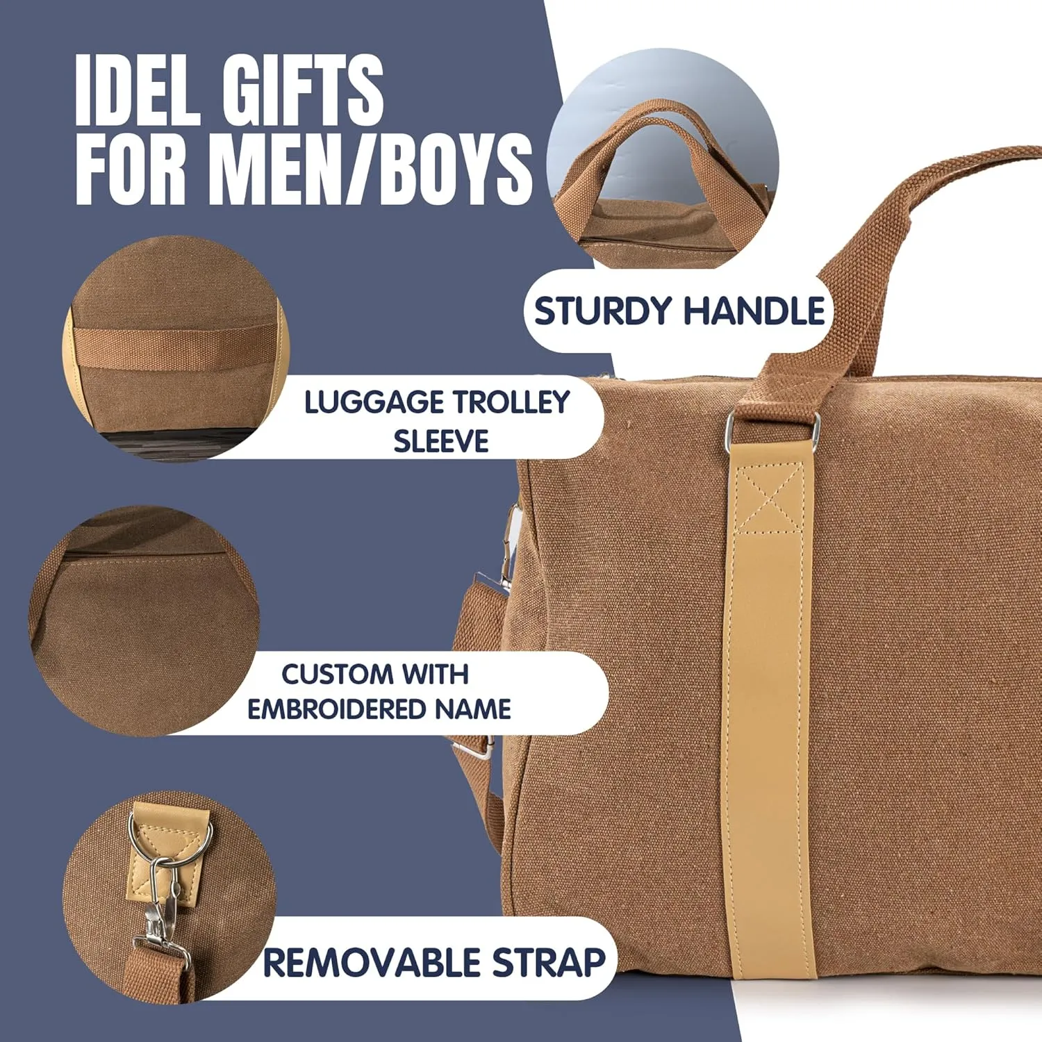 Duffle Bag for Men Boys | Personalized Travel Overnight Bags with Embroidered Name | Canvas Weekender Duffle Bag with Shoe Compartment | Best Custom Men Gift for Groomsmen Father (Brown)