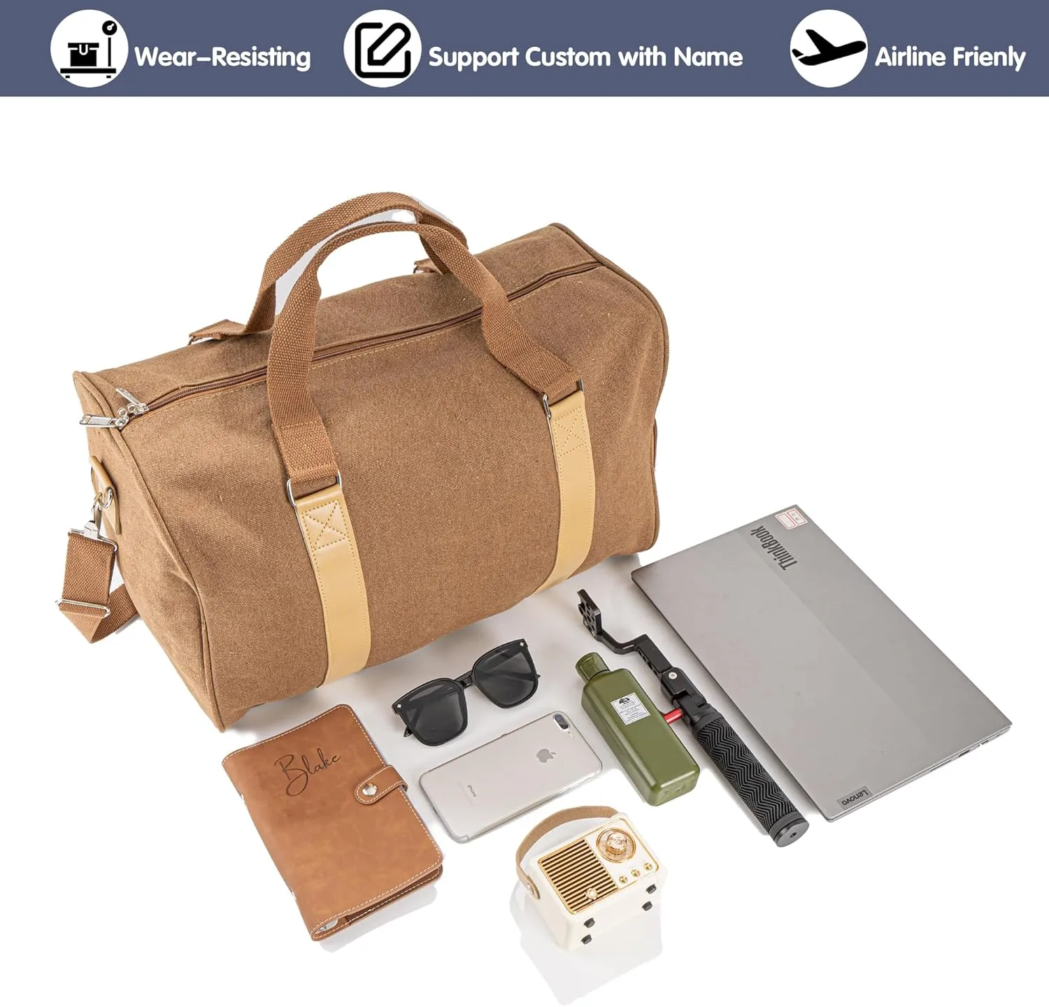 Duffle Bag for Men Boys | Personalized Travel Overnight Bags with Embroidered Name | Canvas Weekender Duffle Bag with Shoe Compartment | Best Custom Men Gift for Groomsmen Father (Brown)