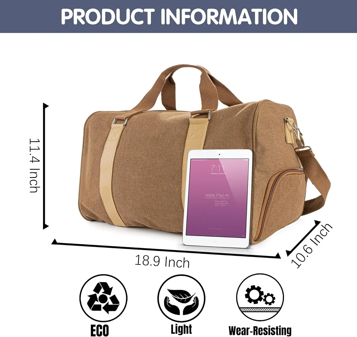 Duffle Bag for Men Boys | Personalized Travel Overnight Bags with Embroidered Name | Canvas Weekender Duffle Bag with Shoe Compartment | Best Custom Men Gift for Groomsmen Father (Brown)