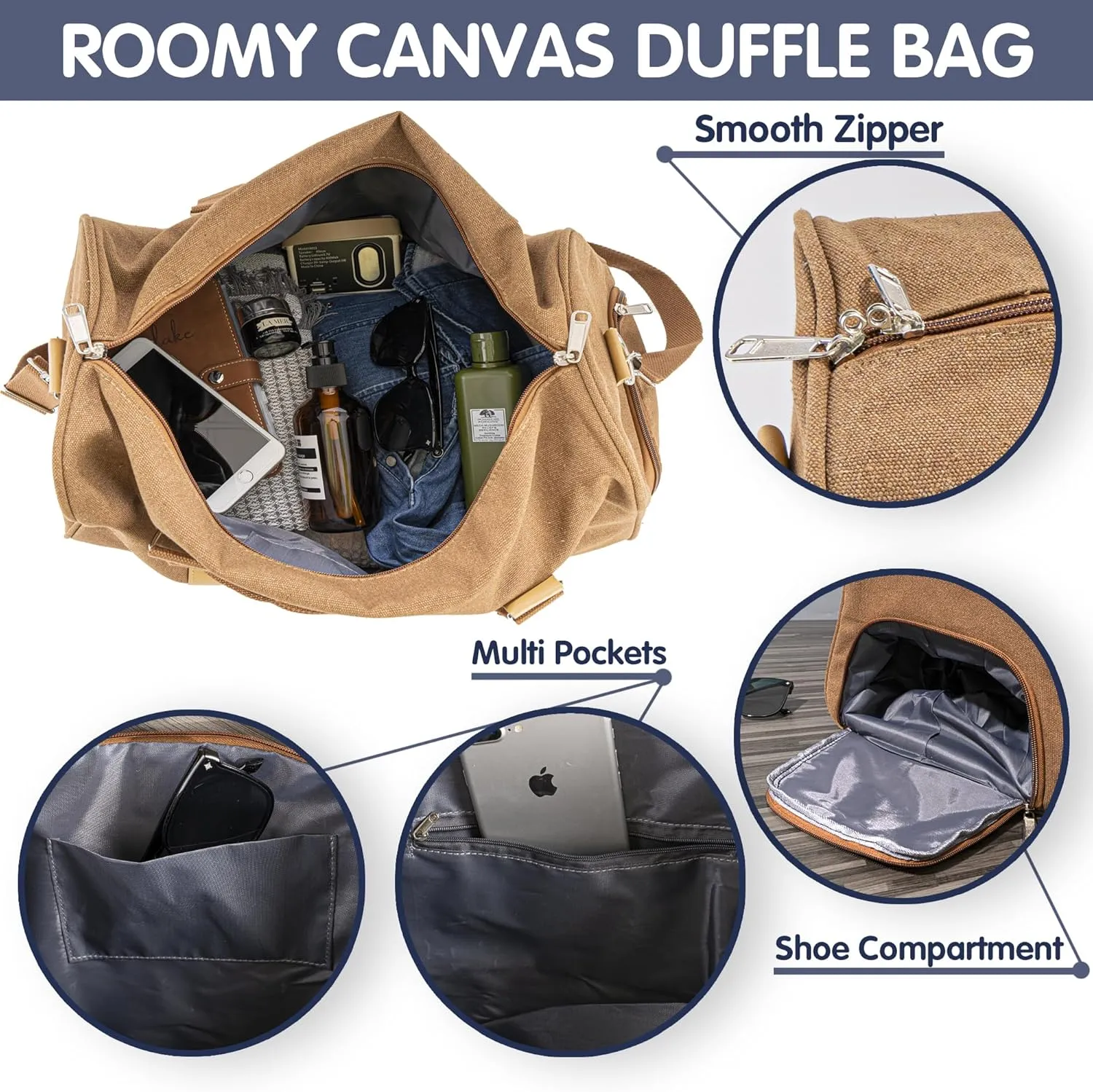 Duffle Bag for Men Boys | Personalized Travel Overnight Bags with Embroidered Name | Canvas Weekender Duffle Bag with Shoe Compartment | Best Custom Men Gift for Groomsmen Father (Brown)