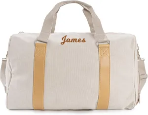 Duffle Bag for Men Boys | Personalized Travel Overnight Bags with Embroidered Name | Canvas Weekender Duffle Bag with Shoe Compartment | Best Custom Men Gift for Groomsmen Father (White)