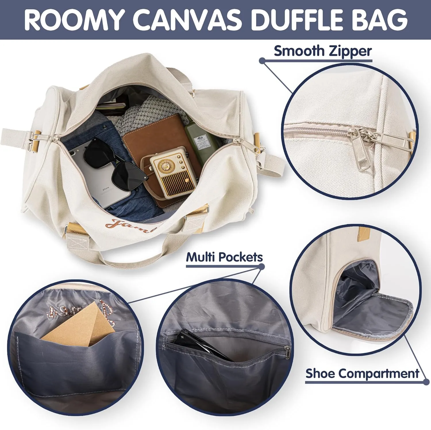 Duffle Bag for Men Boys | Personalized Travel Overnight Bags with Embroidered Name | Canvas Weekender Duffle Bag with Shoe Compartment | Best Custom Men Gift for Groomsmen Father (White)