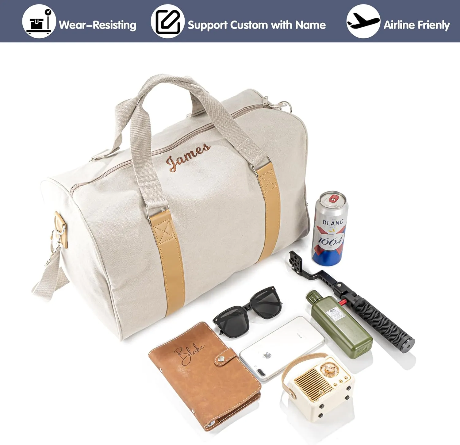 Duffle Bag for Men Boys | Personalized Travel Overnight Bags with Embroidered Name | Canvas Weekender Duffle Bag with Shoe Compartment | Best Custom Men Gift for Groomsmen Father (White)