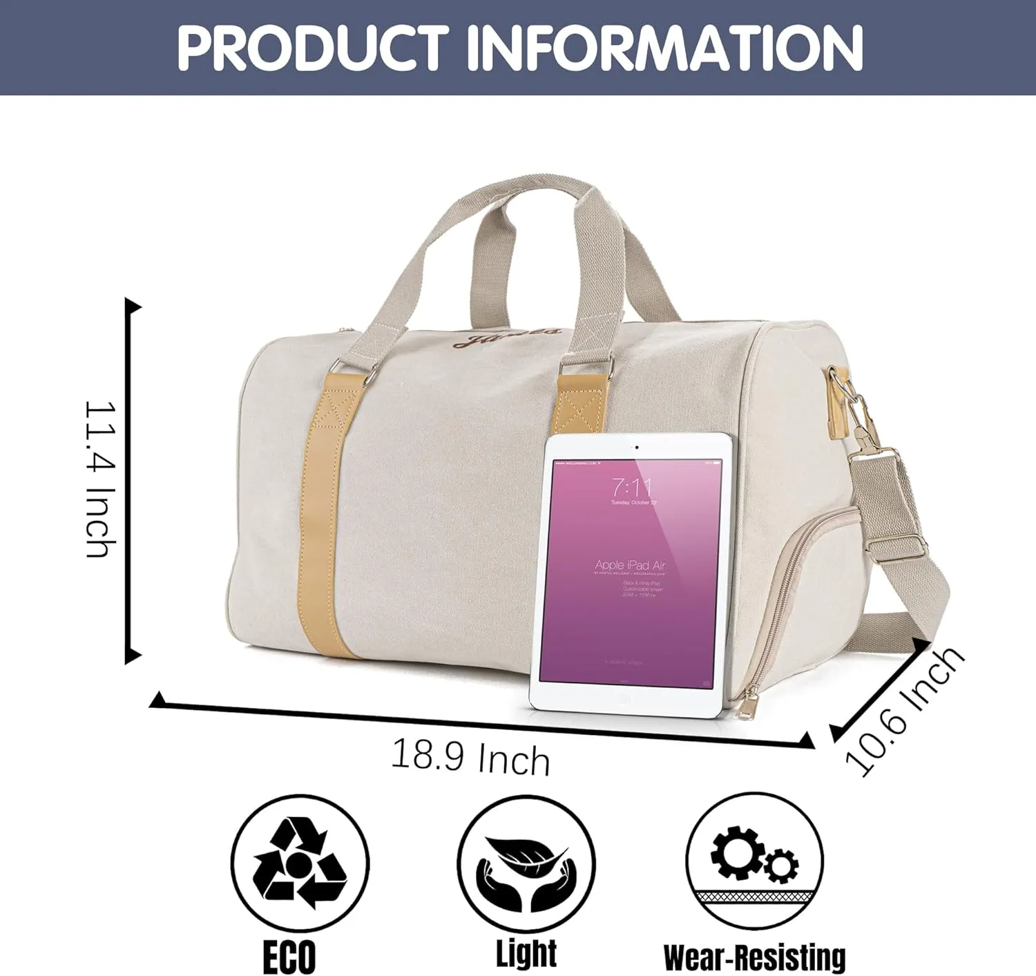 Duffle Bag for Men Boys | Personalized Travel Overnight Bags with Embroidered Name | Canvas Weekender Duffle Bag with Shoe Compartment | Best Custom Men Gift for Groomsmen Father (White)