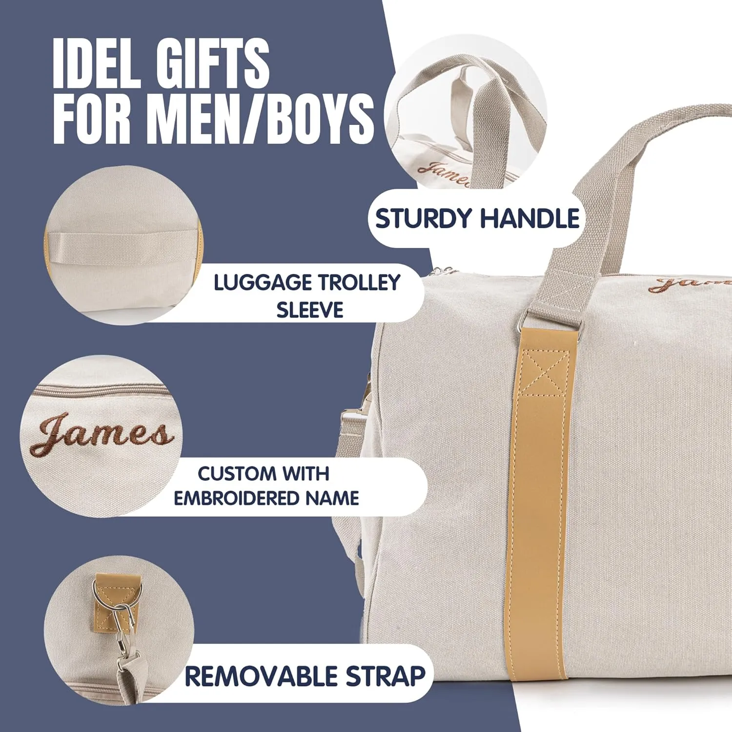 Duffle Bag for Men Boys | Personalized Travel Overnight Bags with Embroidered Name | Canvas Weekender Duffle Bag with Shoe Compartment | Best Custom Men Gift for Groomsmen Father (White)