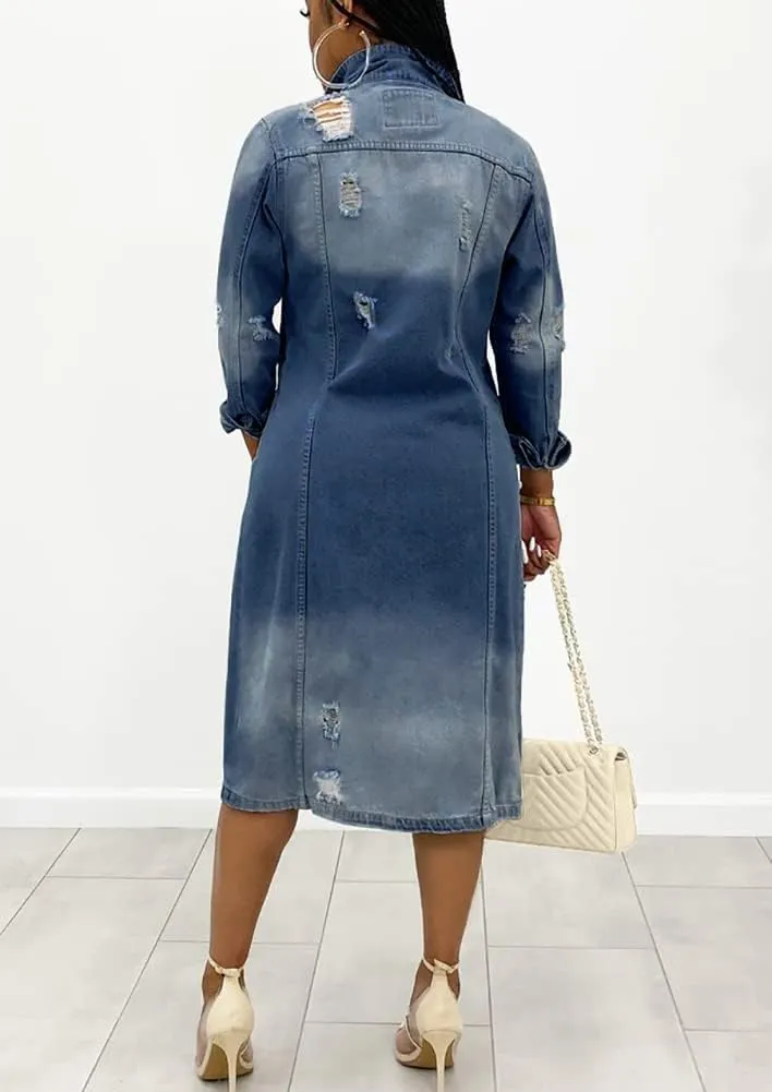 ebossy Women's Ripped Distressed Destroyed Classic Blue Maxi Denim Jacket Long Jean Trench Coat Outwear